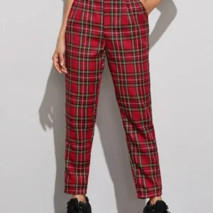 Calça com Estampa Xadrez Vermelho e Preto