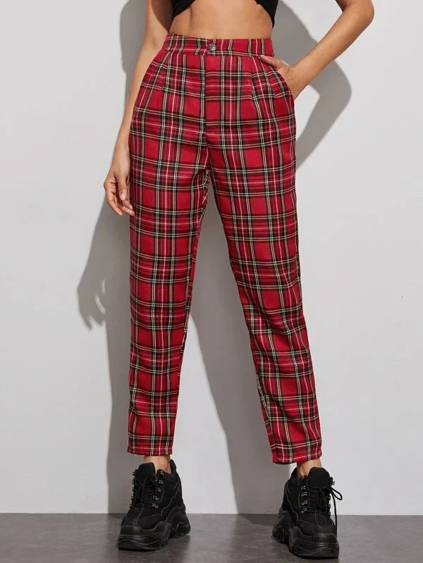 Calça com Estampa Xadrez Vermelho e Preto